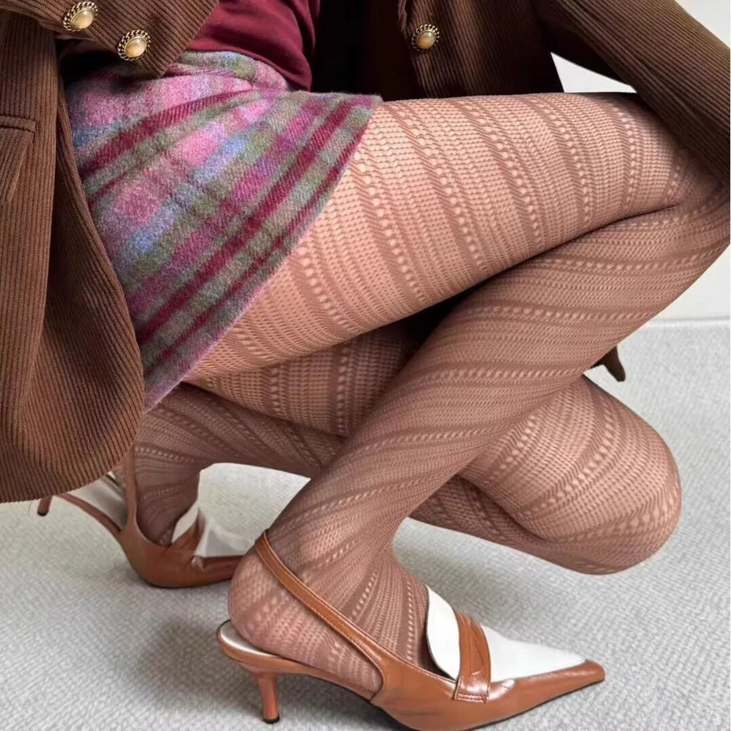 Women's Chain Hollowed-out Tights Black Sexy See Through Jacquard American Retro Style Mesh Breathable Lace Fishnet Pantyhose
