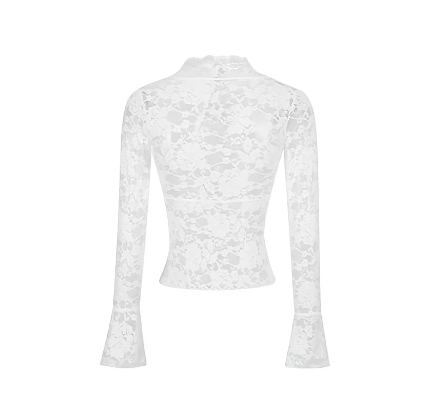 Sheer V-Neck Flare Sleeve Lace Top Slim Fit Party Clubwear Tee