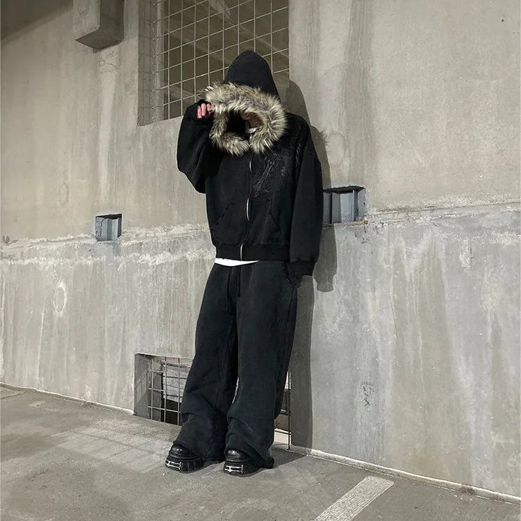 Y2K Harajuku Faux Fur Collar Zip-Up Hoodie