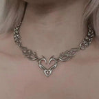 Y2K Flame Heart Pendant Necklace Punk Silver Tone