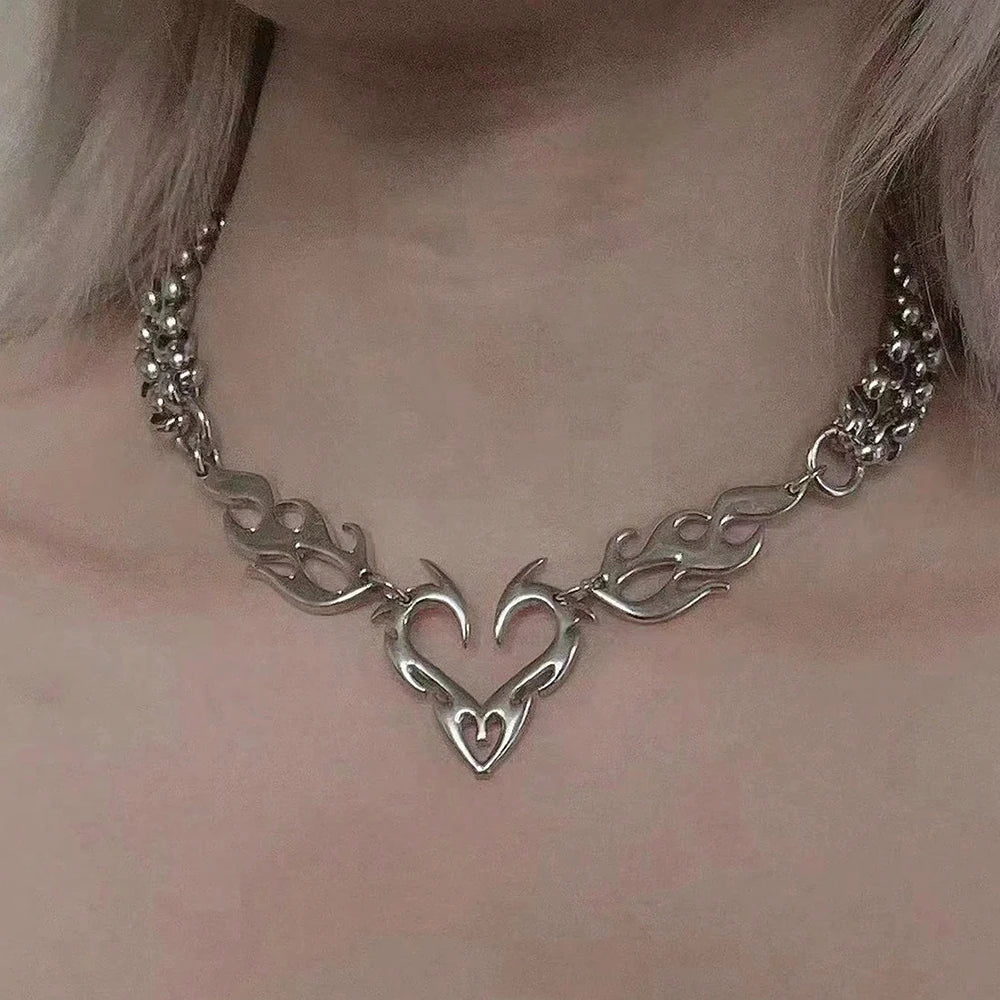 Y2K Flame Heart Pendant Necklace Punk Silver Tone