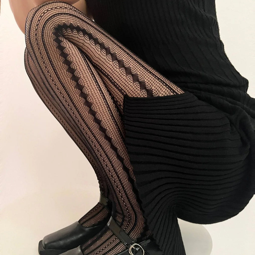 Women's Chain Hollowed-out Tights Black Sexy See Through Jacquard American Retro Style Mesh Breathable Lace Fishnet Pantyhose