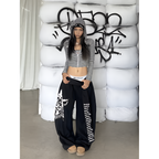 Women Gothic Y2K Letter Print Baggy Sweatpants Gray Wide Leg Harajuku Vintage Trousers