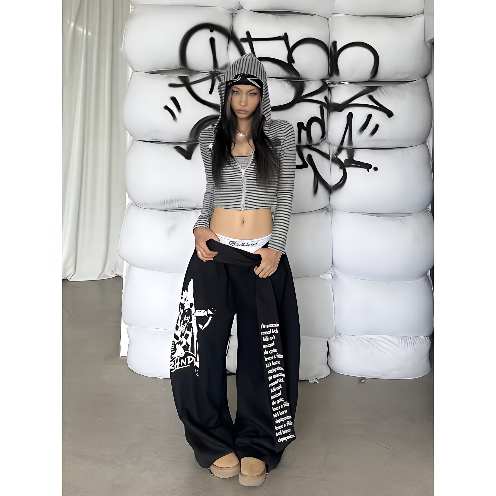 Women Gothic Y2K Letter Print Baggy Sweatpants Gray Wide Leg Harajuku Vintage Trousers
