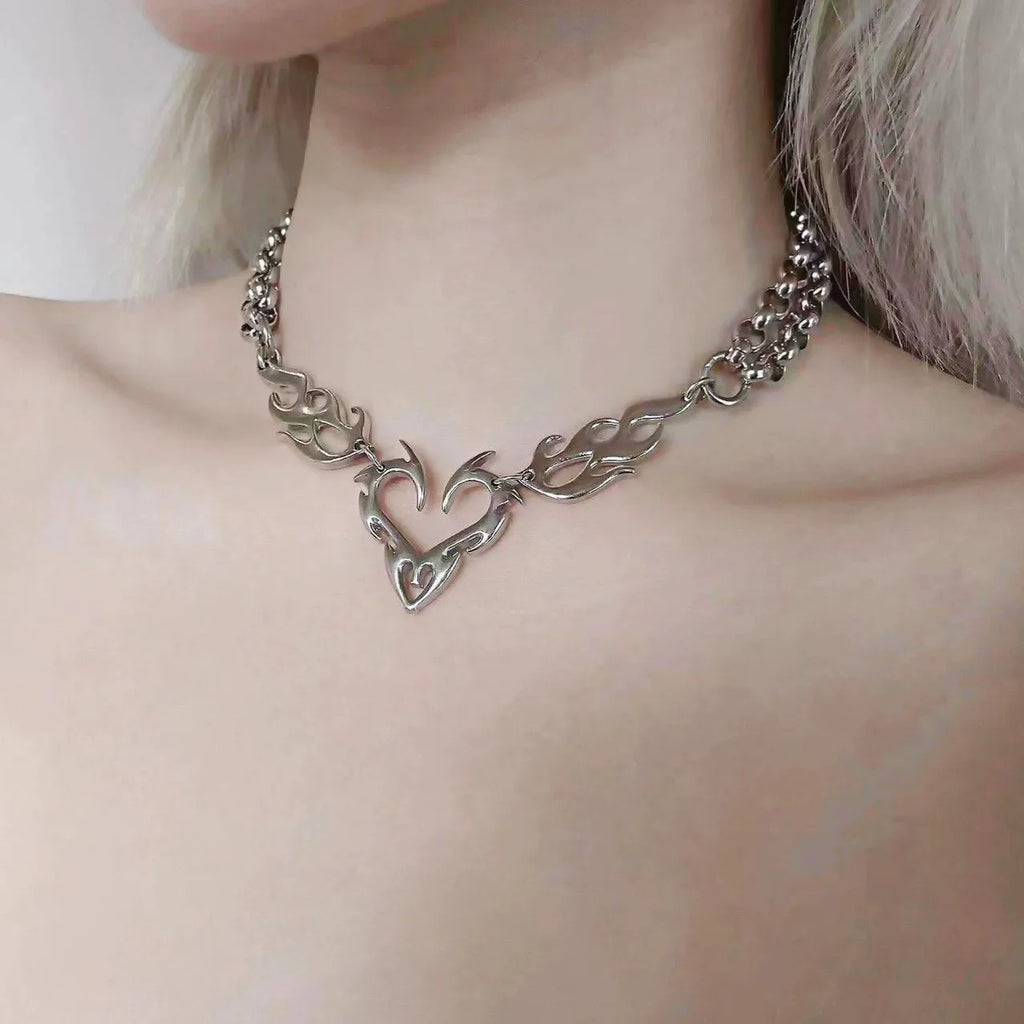 Y2K Flame Heart Pendant Necklace Punk Silver Tone