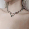 Y2K Flame Heart Pendant Necklace Punk Silver Tone