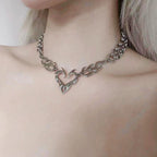 Y2K Flame Heart Pendant Necklace Punk Silver Tone