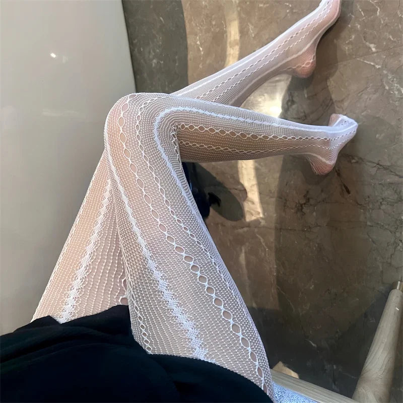 Women's Chain Hollowed-out Tights Black Sexy See Through Jacquard American Retro Style Mesh Breathable Lace Fishnet Pantyhose
