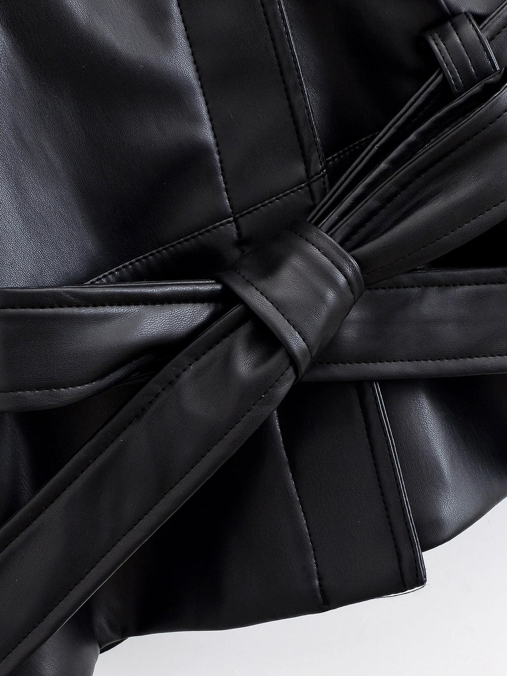 Black Faux Leather Trench Coat Belted Long Sleeve Lapel Vintage Motorcycle Jacket Outerwear