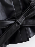 Black Faux Leather Trench Coat Belted Long Sleeve Lapel Vintage Motorcycle Jacket Outerwear