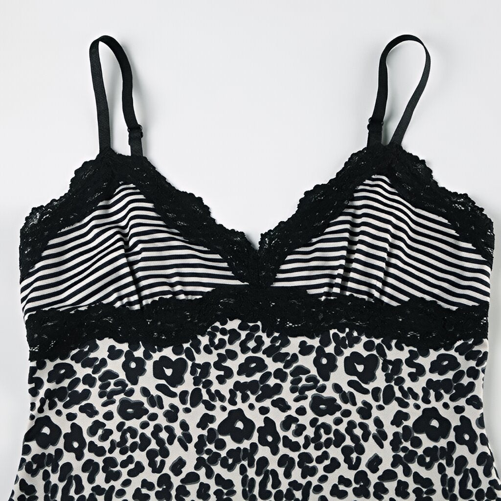 Leopard Print Lace Patchwork Camisole V-Neck Spaghetti Strap Top