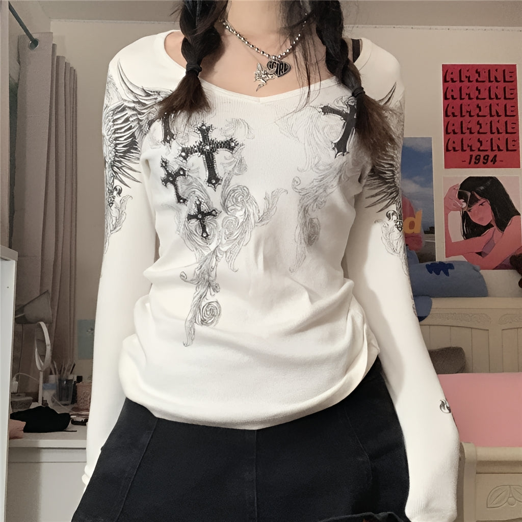 Grunge Cross Wings Graphic Long Sleeve T-Shirt Harajuku Punk Streetwear