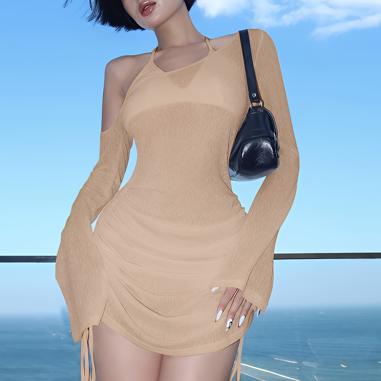 Skew Collar Ruched Lace Up See Through Mini Dress Drawstring Summer Party Clubwear
