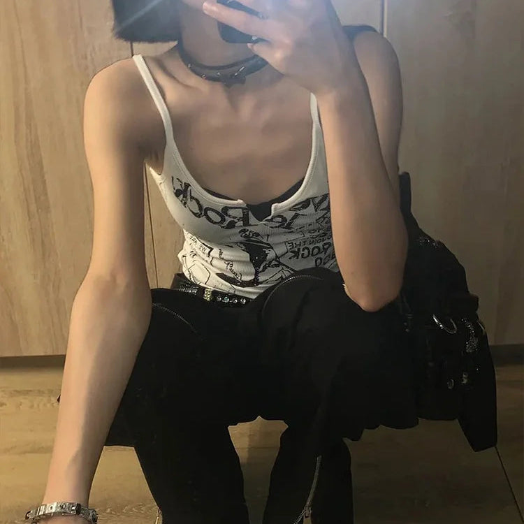 Punk Print Tank Top Women Ribbed Knit Sleeveless Crop Top Summer Grunge