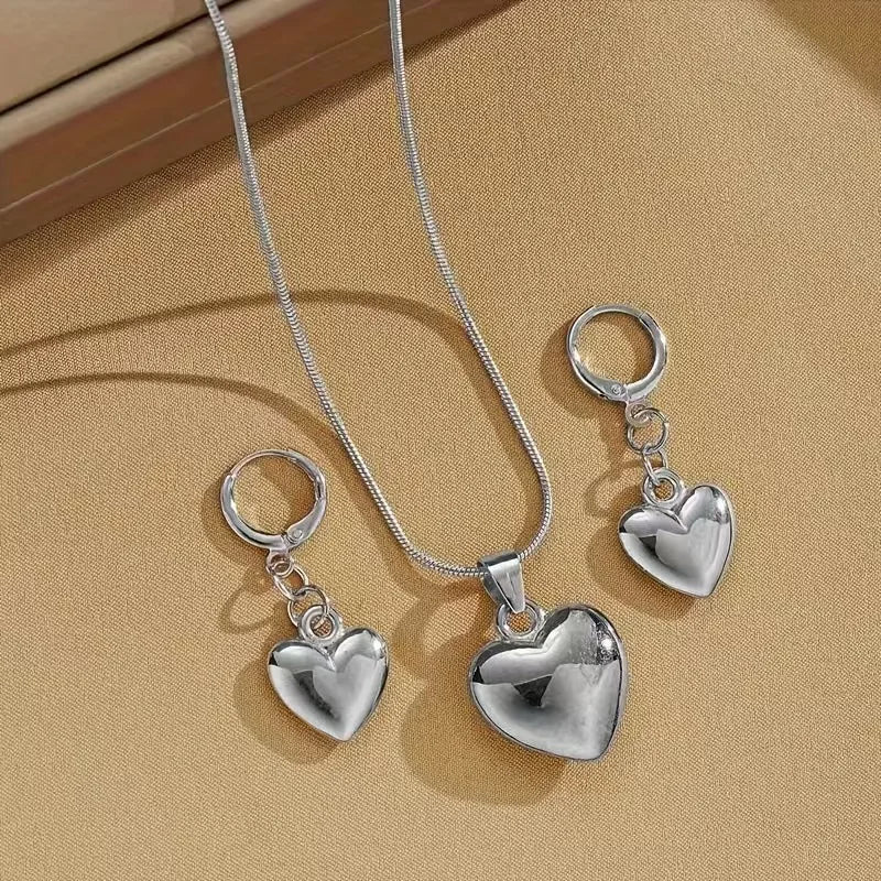 Heart Pendant Necklace and Earring Set Elegant Everyday Party Jewelry