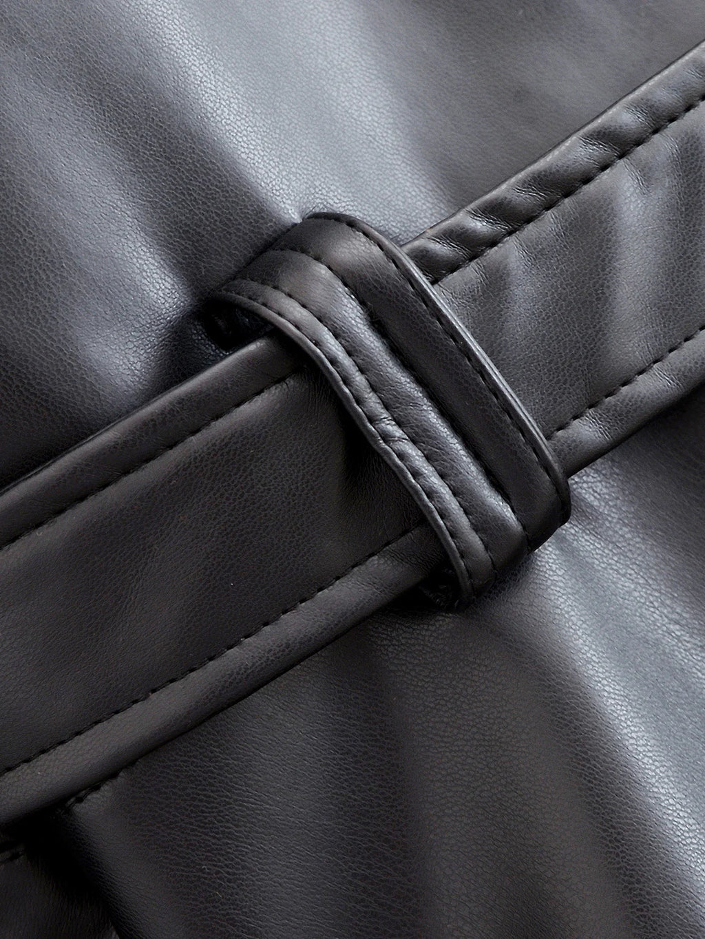 Black Faux Leather Trench Coat Belted Long Sleeve Lapel Vintage Motorcycle Jacket Outerwear