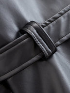 Black Faux Leather Trench Coat Belted Long Sleeve Lapel Vintage Motorcycle Jacket Outerwear