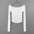Slash Neck Long Sleeve Crop Top Slim Fit Cotton T Shirt