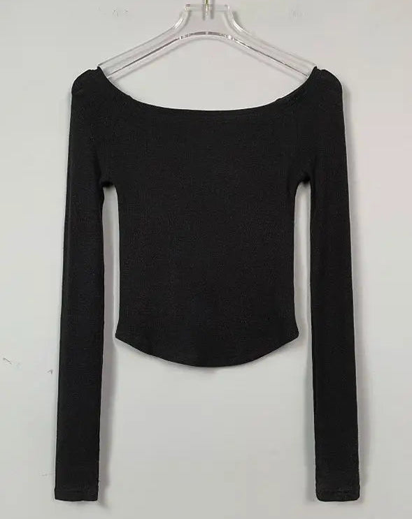 Sexy Slash Neck T Shirt Women Cotton Long Sleeves Cropped Tee Shirt Femme Slim T-shirt Female Black White Tops 2026