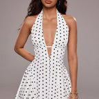 Robe Mini-Rétro Femme Française à Pois Dos Nu Col Halter Col V Profond Coupe Ajustée Évasée Élégante d'Été