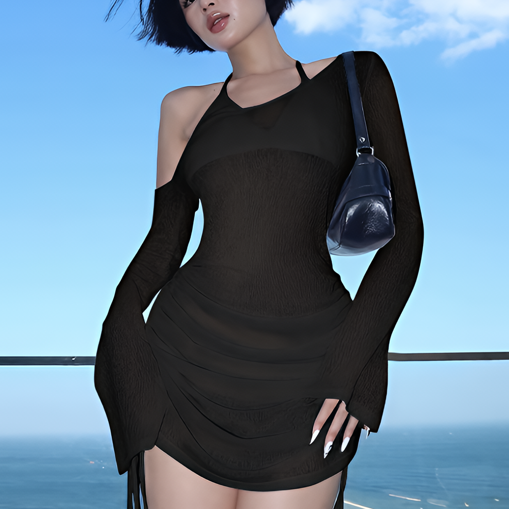 Robe courte transparente froncée à col oblique avec lacets et cordon de serrage pour l'été et les soirées