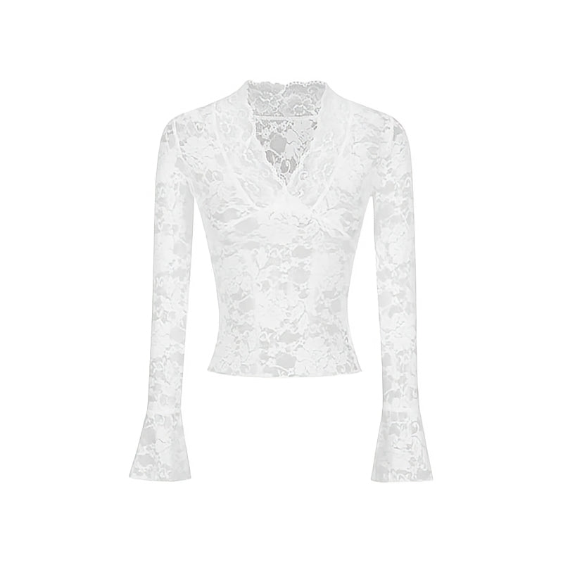 Sheer V-Neck Flare Sleeve Lace Top Slim Fit Party Clubwear Tee