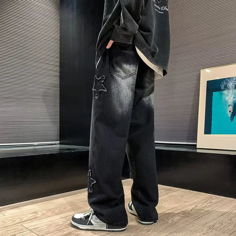 Gothic Star Embroidery Wide-Leg Men’s Streetwear Denim