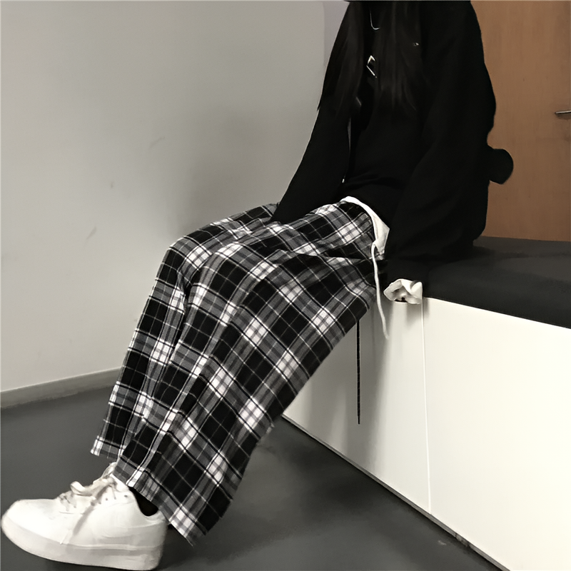Unisex Checkered Wide Leg Pants Loose Fit Elastic Waist Streetwear Casual Sports Pants
