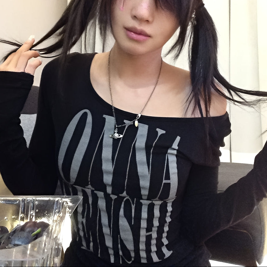 Grunge Letter Print Crop Top Y2K Long Sleeve Gothic Punk T Shirt