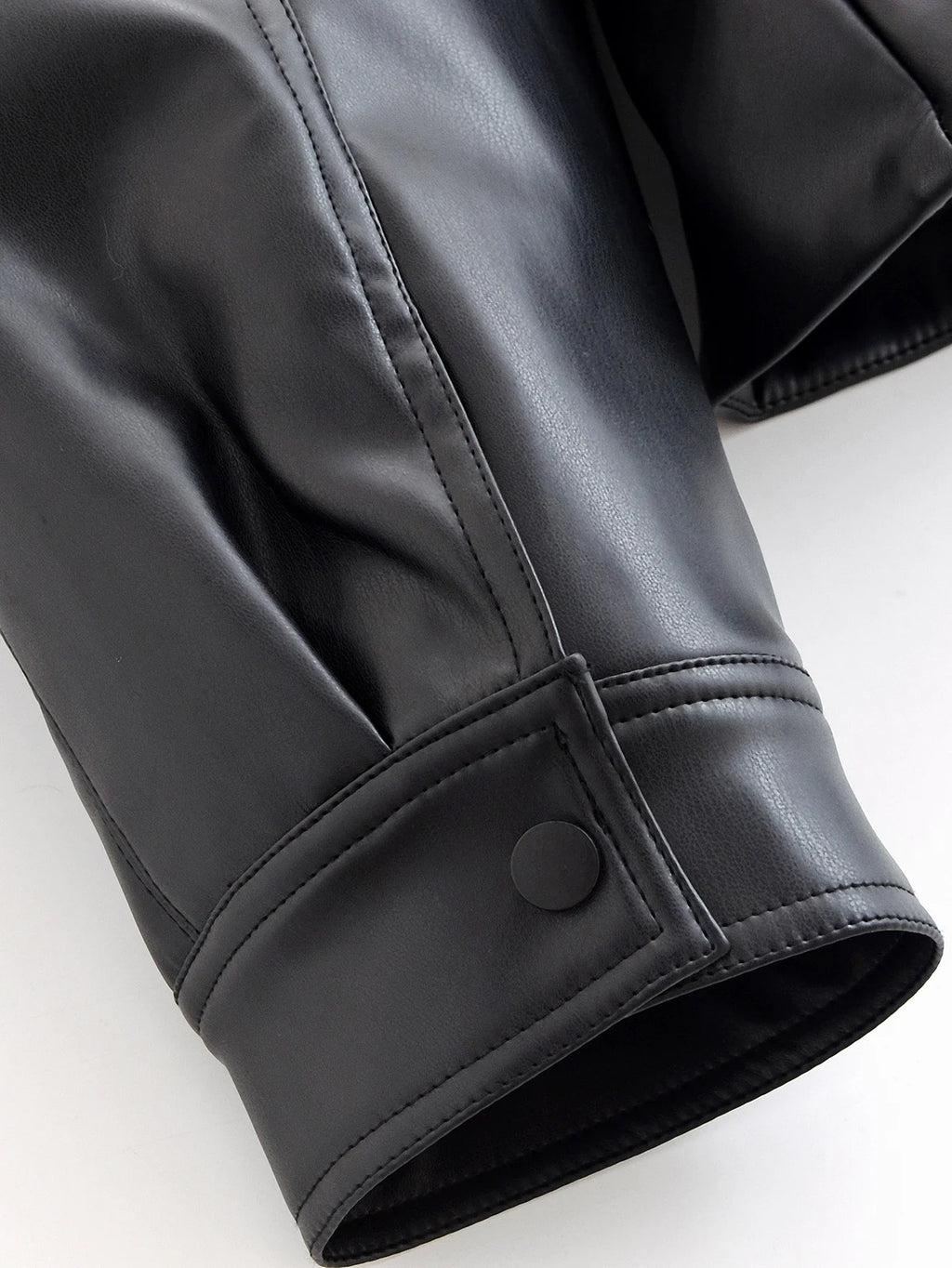 Black Faux Leather Trench Coat Belted Long Sleeve Lapel Vintage Motorcycle Jacket Outerwear