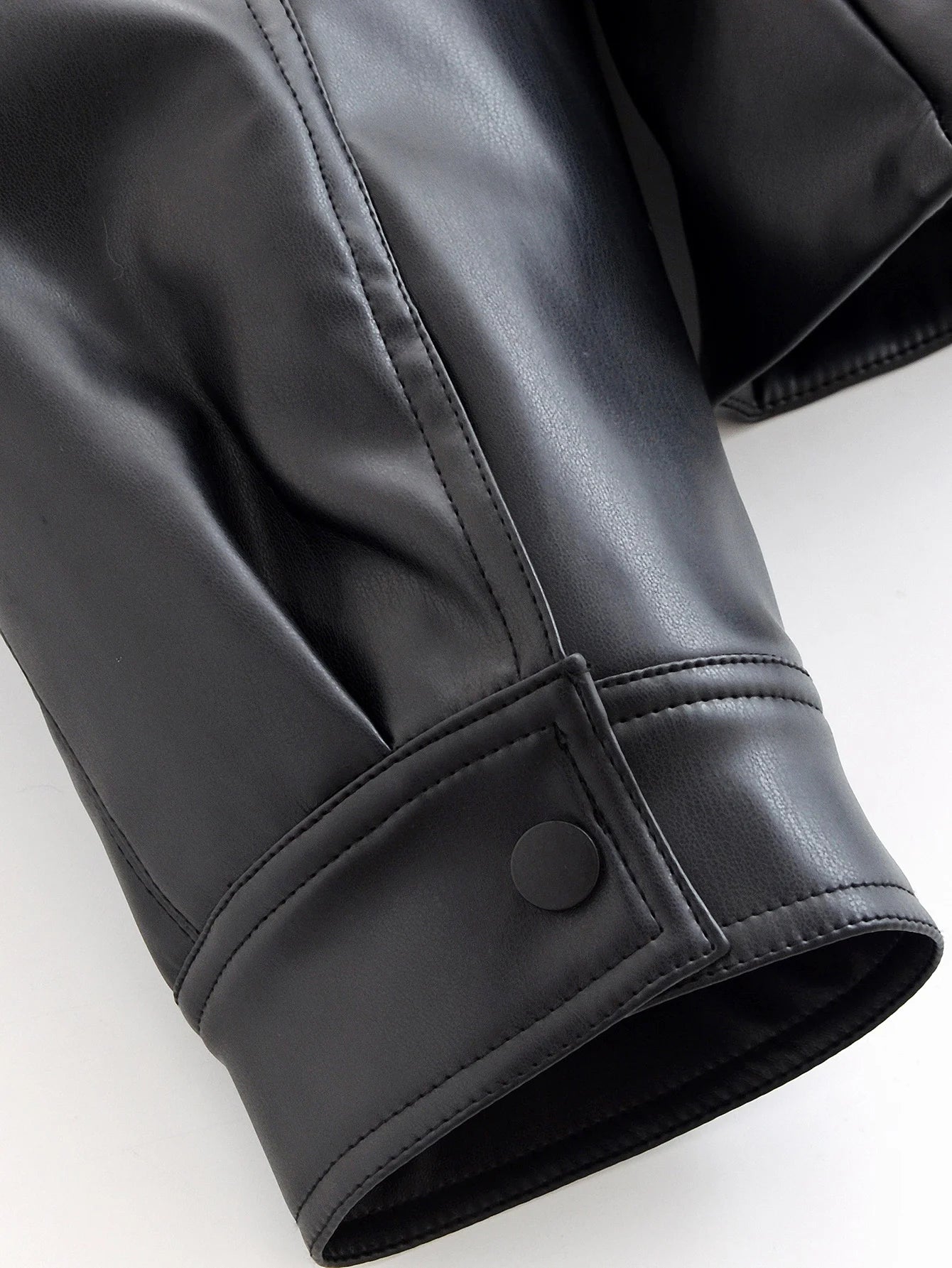 Black Faux Leather Trench Coat Belted Long Sleeve Lapel Vintage Motorcycle Jacket Outerwear