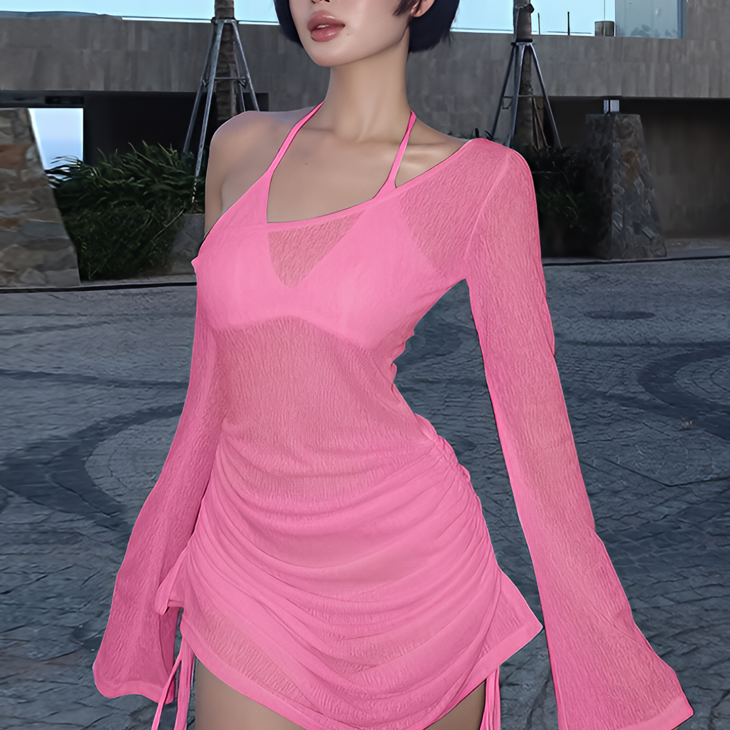 Robe courte transparente froncée à col oblique avec lacets et cordon de serrage pour l'été et les soirées