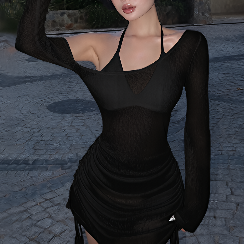Robe courte transparente froncée à col oblique avec lacets et cordon de serrage pour l'été et les soirées