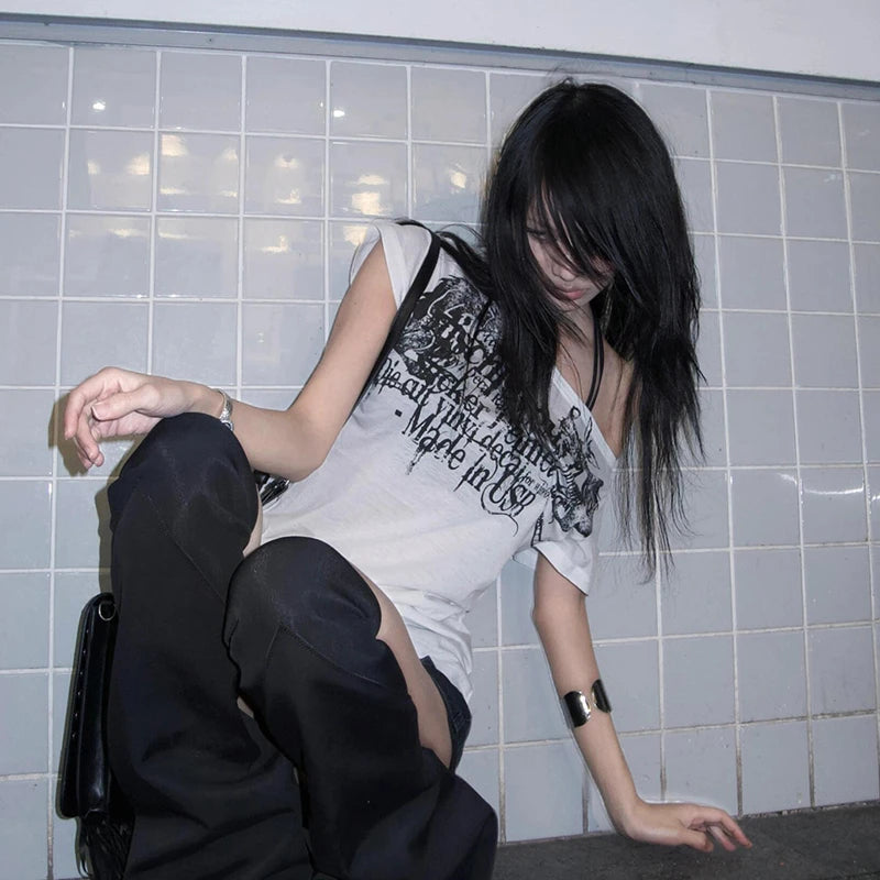 Japanese Y2K Letter Print T Shirt Vintage Harajuku Grunge Goth Style