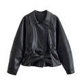 Black Faux Leather Trench Coat Belted Long Sleeve Lapel Vintage Motorcycle Jacket Outerwear