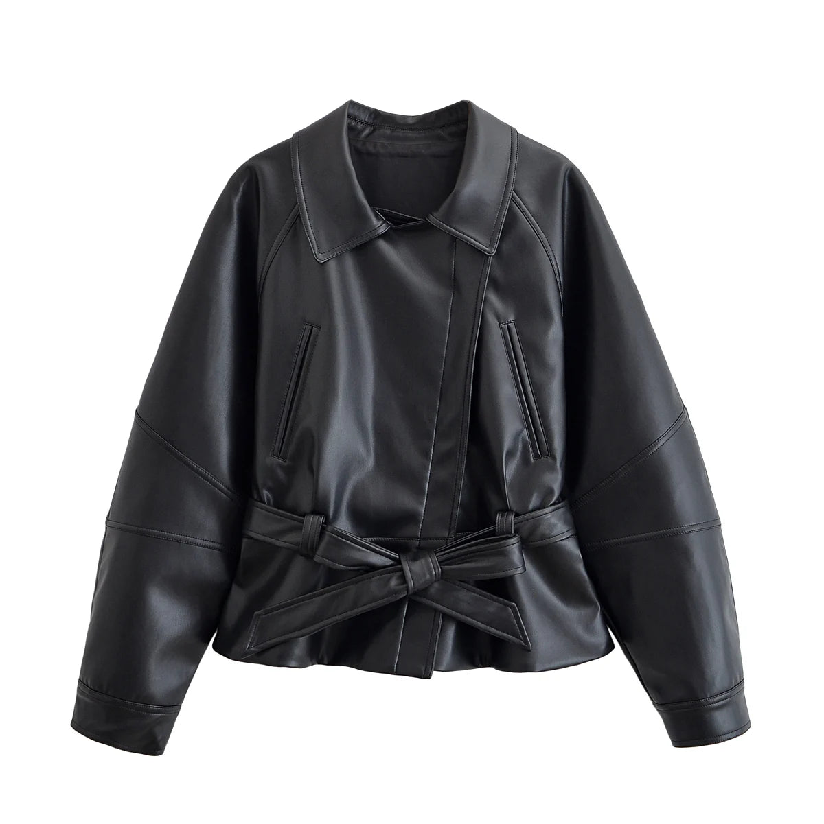Black Faux Leather Trench Coat Belted Long Sleeve Lapel Vintage Motorcycle Jacket Outerwear