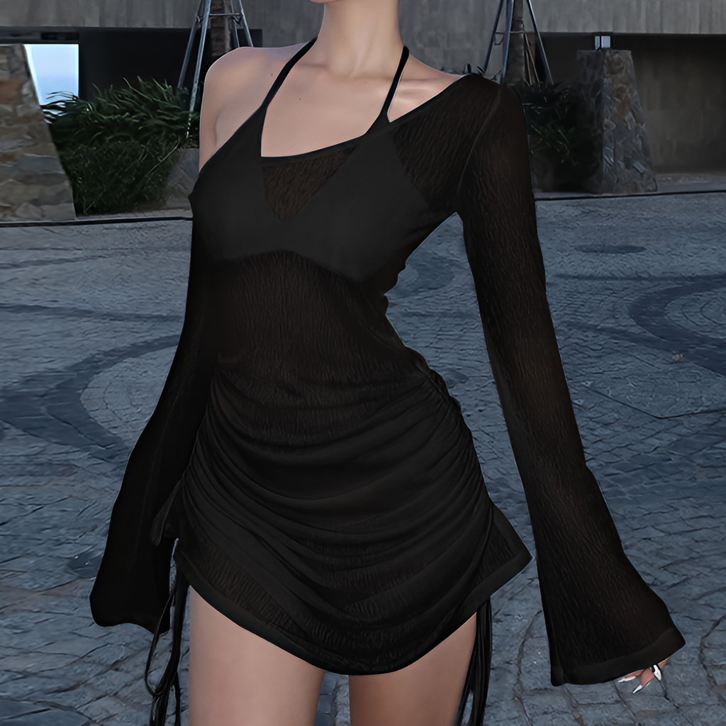 Robe courte transparente froncée à col oblique avec lacets et cordon de serrage pour l'été et les soirées