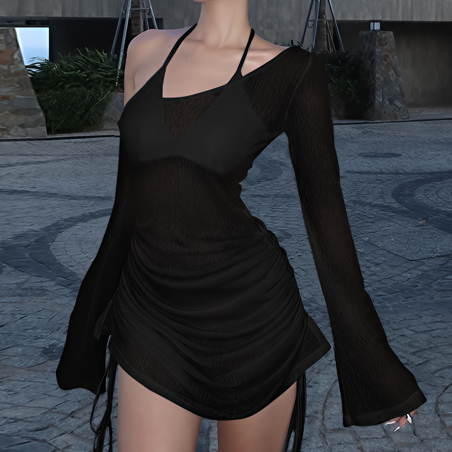 Skew Collar Ruched Lace Up See Through Mini Dress Drawstring Summer Party Clubwear