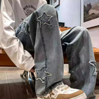 Gothic Star Embroidery Wide-Leg Men’s Streetwear Denim