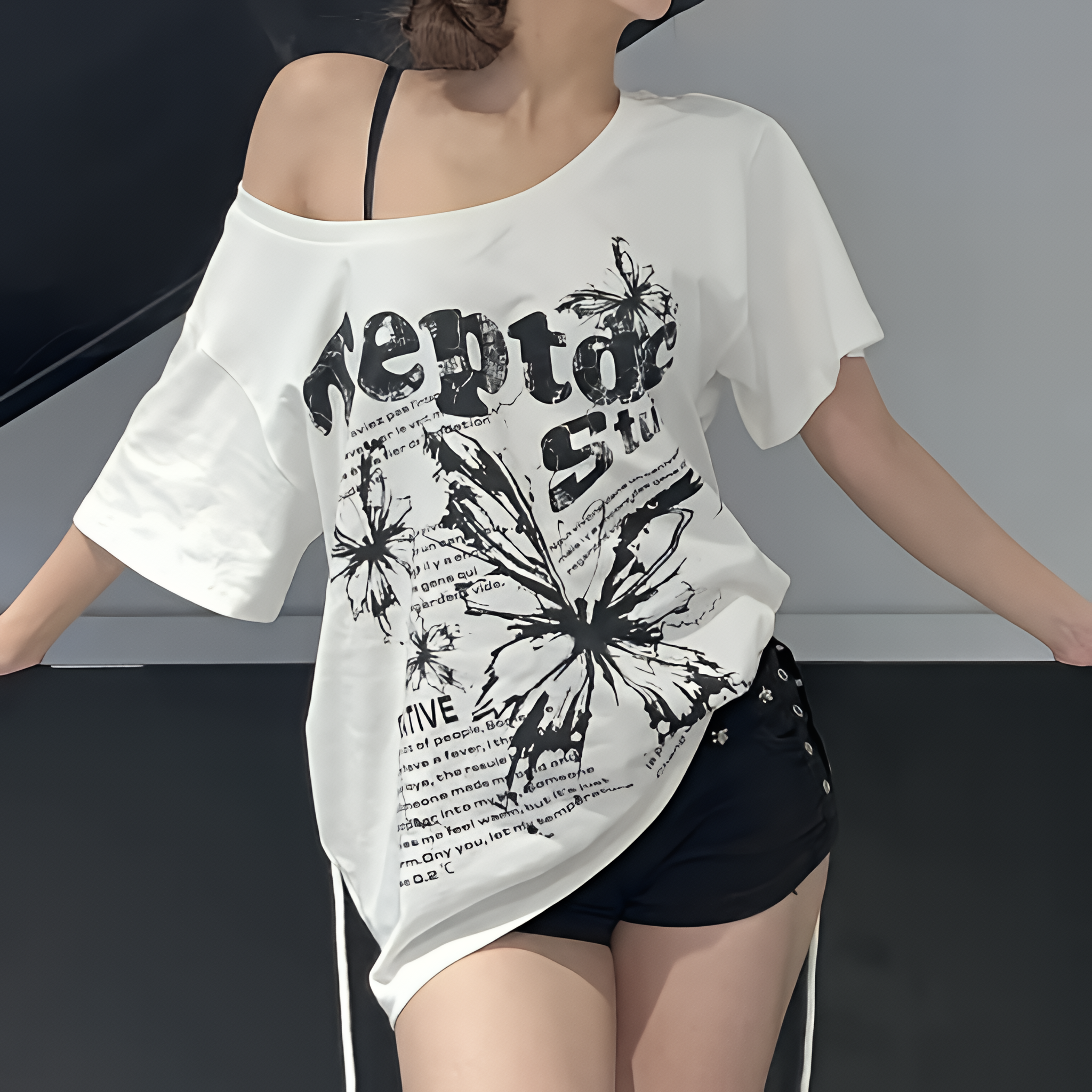 Women Y2K Vintage Oversize Off Shoulder T Shirt Butterfly Print Short Sleeve Summer Top