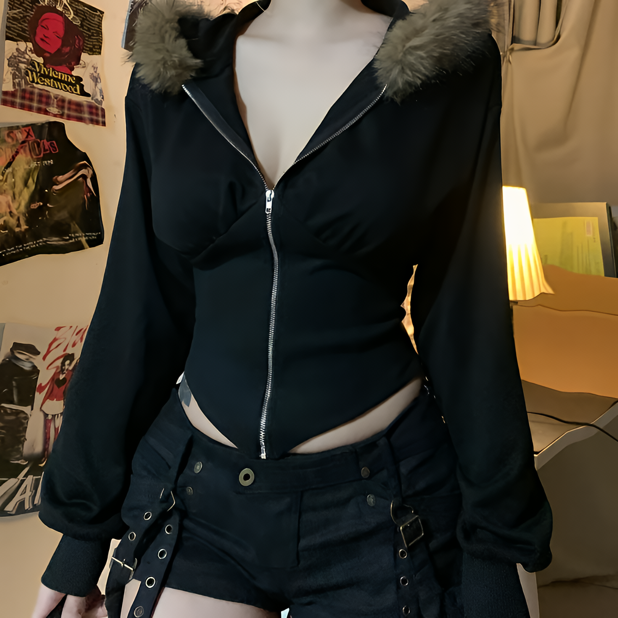 Women Gothic Faux Fur Hooded Coat Slim Fit Zip Jacket Autumn Winter Streetwear