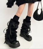 Plush Leg Warmers Ribbon Bow Boot Cuffs Harajuku Winter Boot Covers