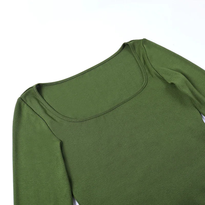 Women Square Neck Long Sleeve Crop Top Solid Color Slim Fit Streetwear Autumn T-Shirt