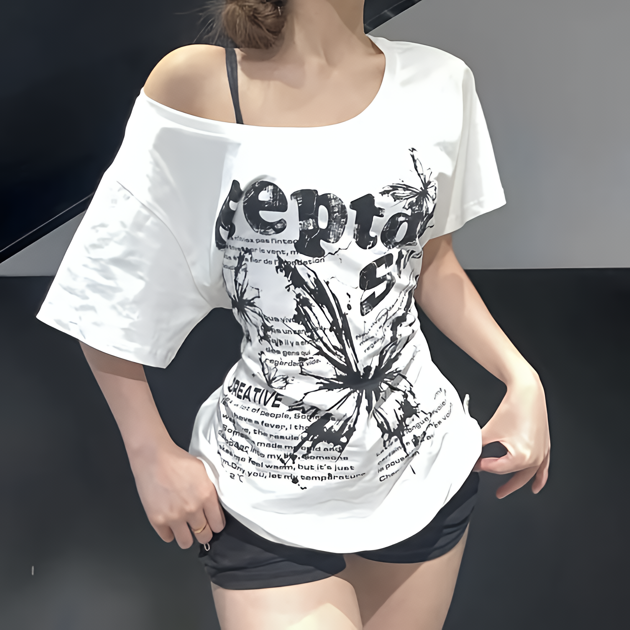 Women Y2K Vintage Oversize Off Shoulder T Shirt Butterfly Print Short Sleeve Summer Top