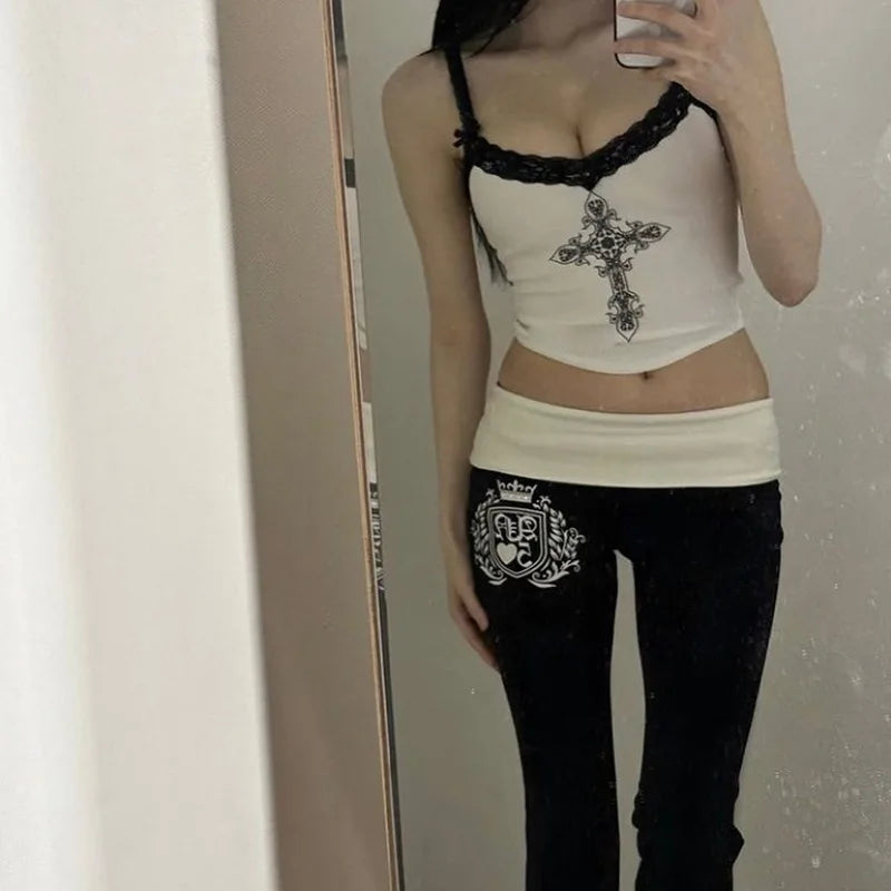 Y2K Women Lace Tank Top Slim Fit Printed Street Style Summer Top