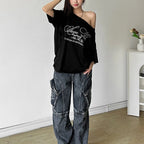 Women Casual Letter Print T Shirt Relaxed Fit Street Style Summer Top