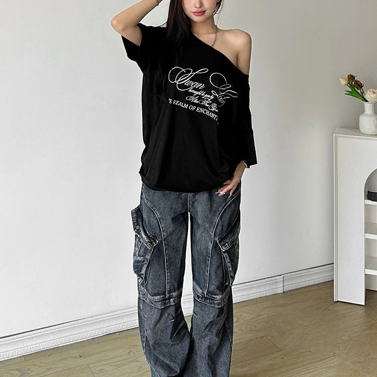 Women Casual Letter Print T Shirt Relaxed Fit Street Style Summer Top