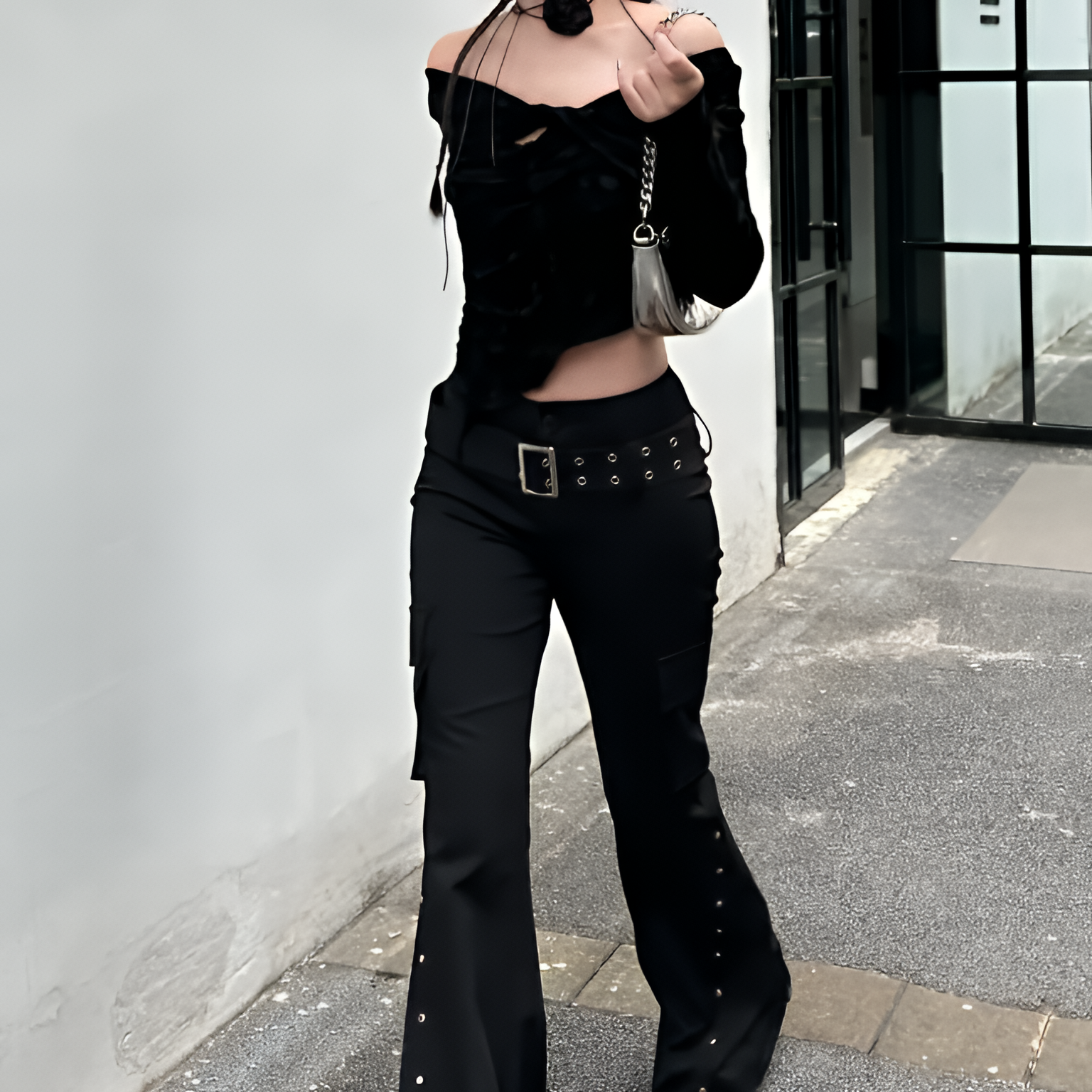 Women Y2K Gothic Low Waist Flared Pants Black Rivet Detail Harajuku Style