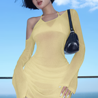 Robe courte transparente froncée à col oblique avec lacets et cordon de serrage pour l'été et les soirées