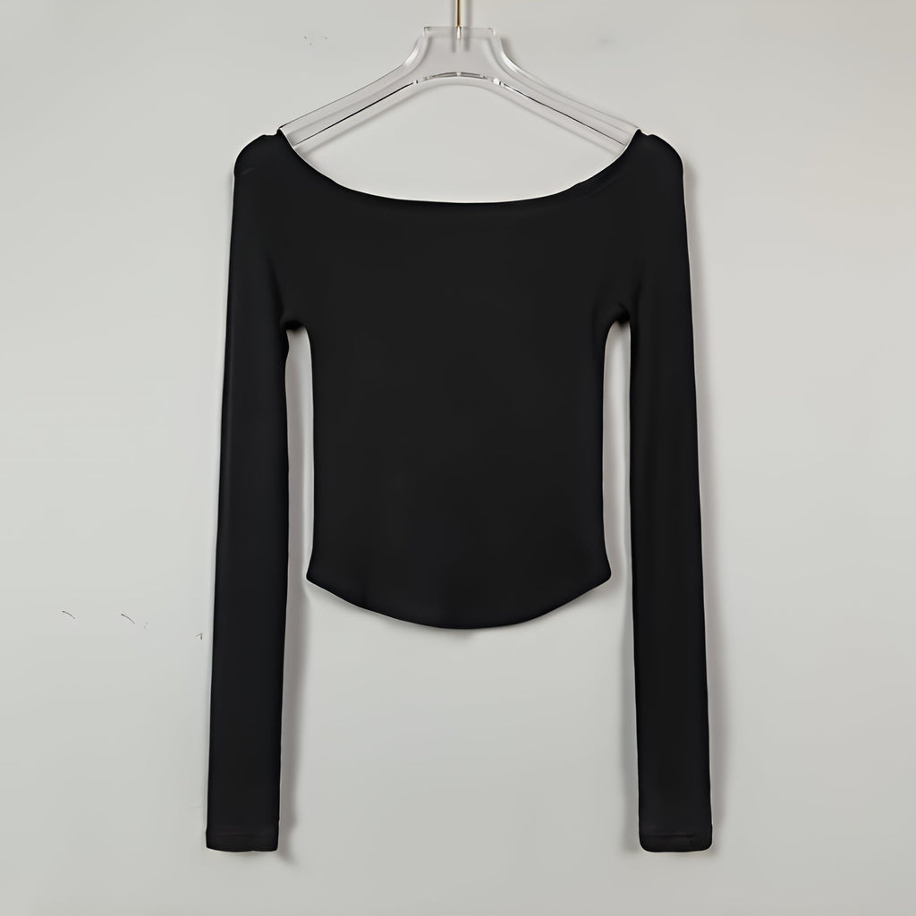 Slash Neck Long Sleeve Crop Top Slim Fit Cotton T Shirt